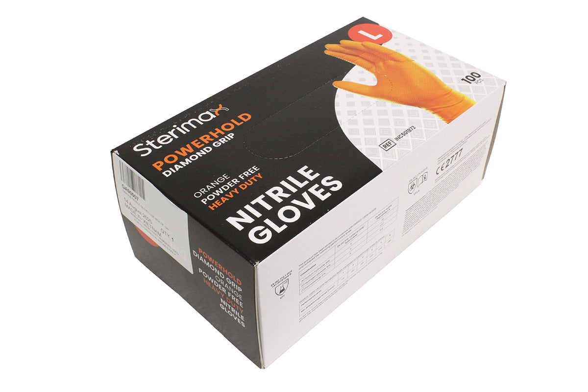 GA90007 POWERHOLD ORANGE DIAMOND GRIP NITRILE GLOVES - BOX OF 100 SIZE LARGE