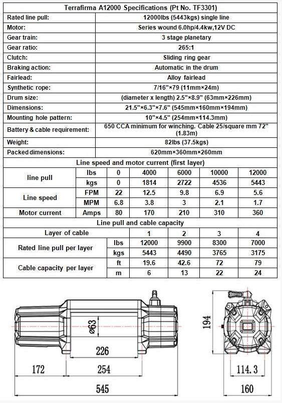 TF3301 A12000 WINCH - SYNTHETIC ROPE WIRELESS + CABLE REMOTE CONTROL