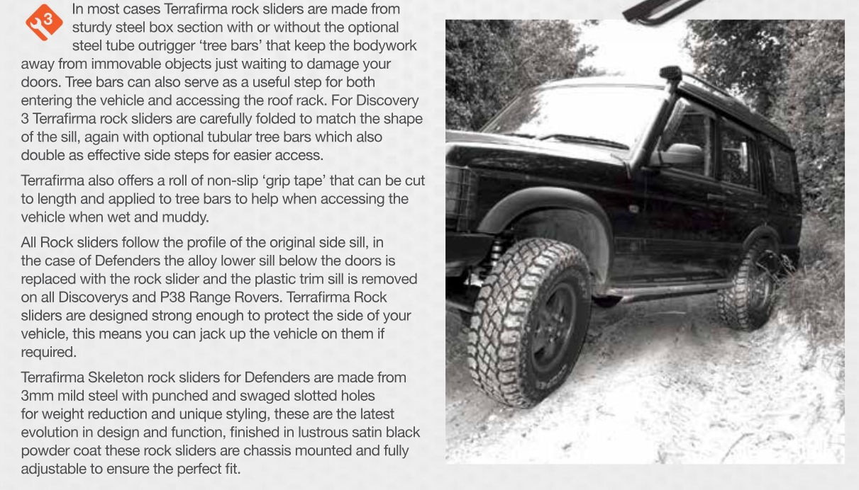 TF807WA TERRAFIRMA ROCK SLIDERS WITH TREE BARS DISCOVERY 1 - 5 DOOR - WITH WIDE WHEEL ARCHES FITTED