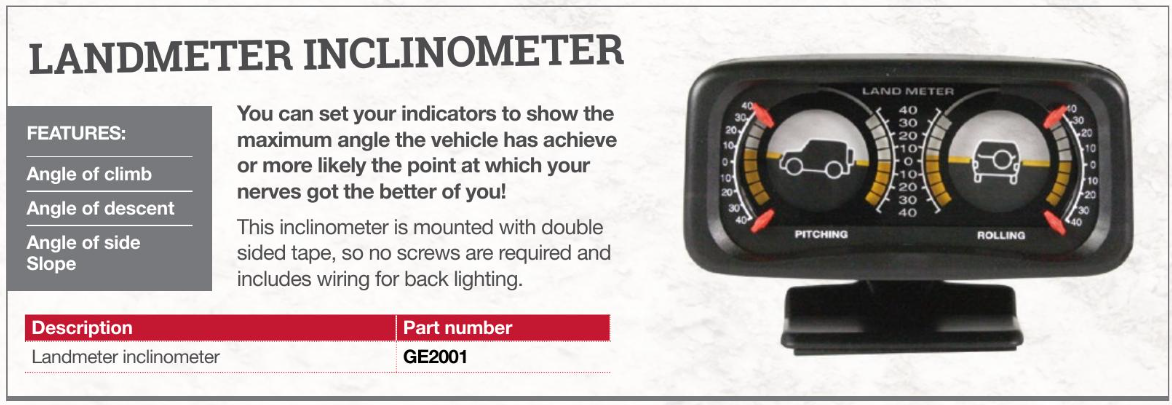 GE2001 LANDMETER INCLINEOMETER INDICATES THE ANGLE OF TILT OF THE VEHICLE